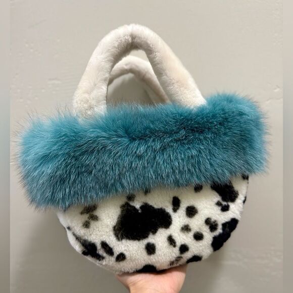 Colorblock Handmade Real Fox Fur & Shearling leather Top Handles Bag/Multi Use - Picture 4 of 16